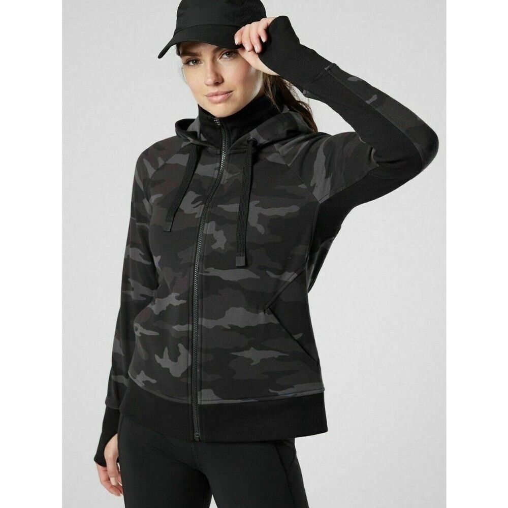 Athleta Triumph Black Gray Camo Full Zip HOODIE SWEATSHIRT sz M